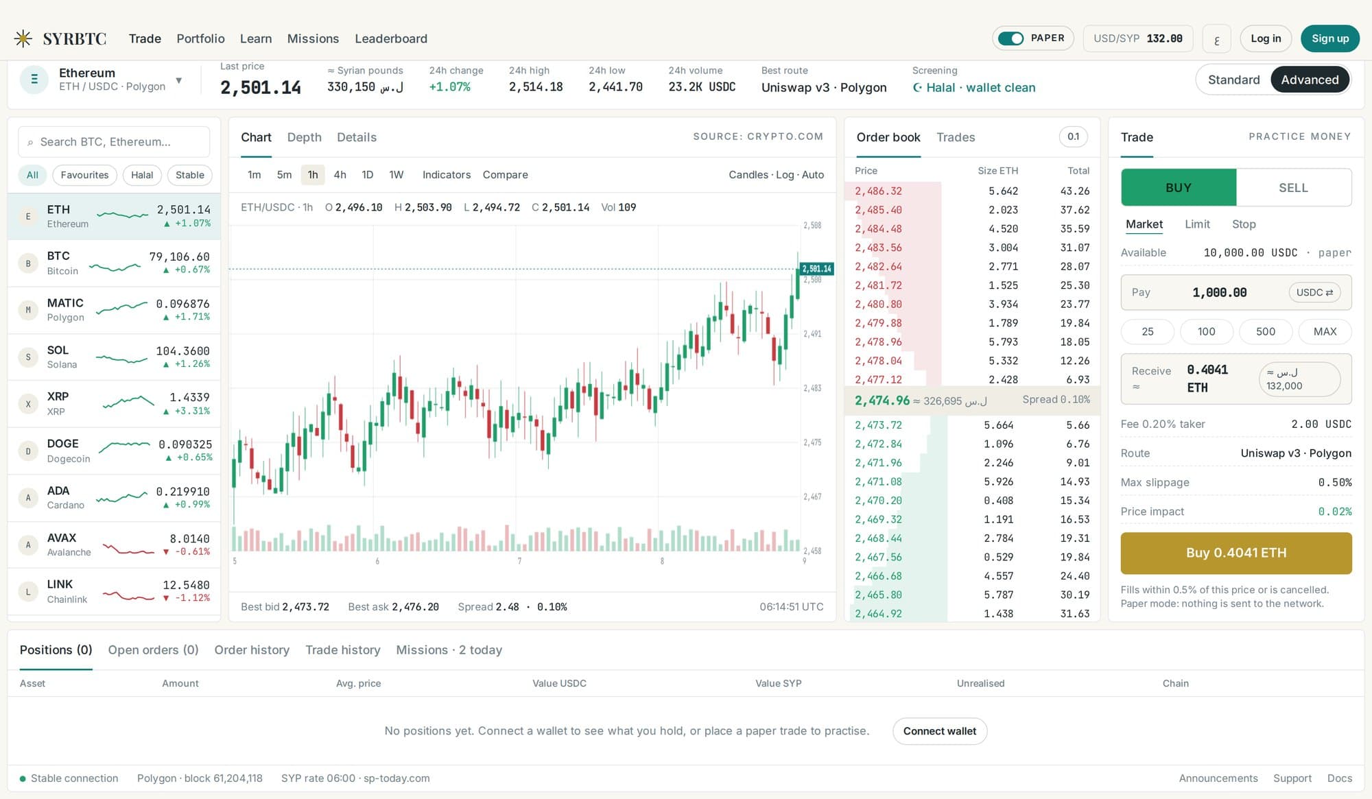 منصة تداول: رسم بياني بالشموع، ودفتر أوامر يُظهر عمق السوق، ونموذج صفقة يعرض المسار والرسوم والانزلاق السعري وأثر الصفقة على السعر، مع عرض كل سعر بالليرة السورية أيضاً. وضع التدريب، بأسعار توضيحية.